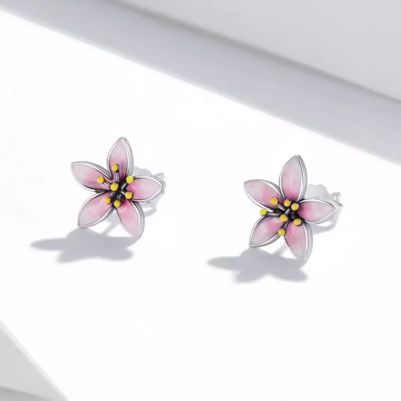 (imagen para) Pendientes de Botón Estilo Pandora con Diseño de Flores de Cerezo Rosa - SCE1273 - Ver 2