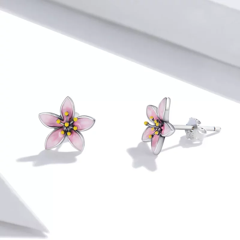 (imagen para) Pendientes de Botón Estilo Pandora con Diseño de Flores de Cerezo Rosa - SCE1273 - Ver 3