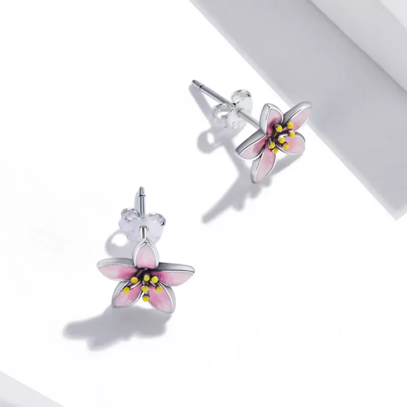 (imagen para) Pendientes de Botón Estilo Pandora con Diseño de Flores de Cerezo Rosa - SCE1273 - Ver 4