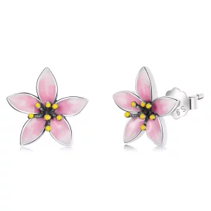 (imagen para) Pendientes de Botón Estilo Pandora con Diseño de Flores de Cerezo Rosa - SCE1273