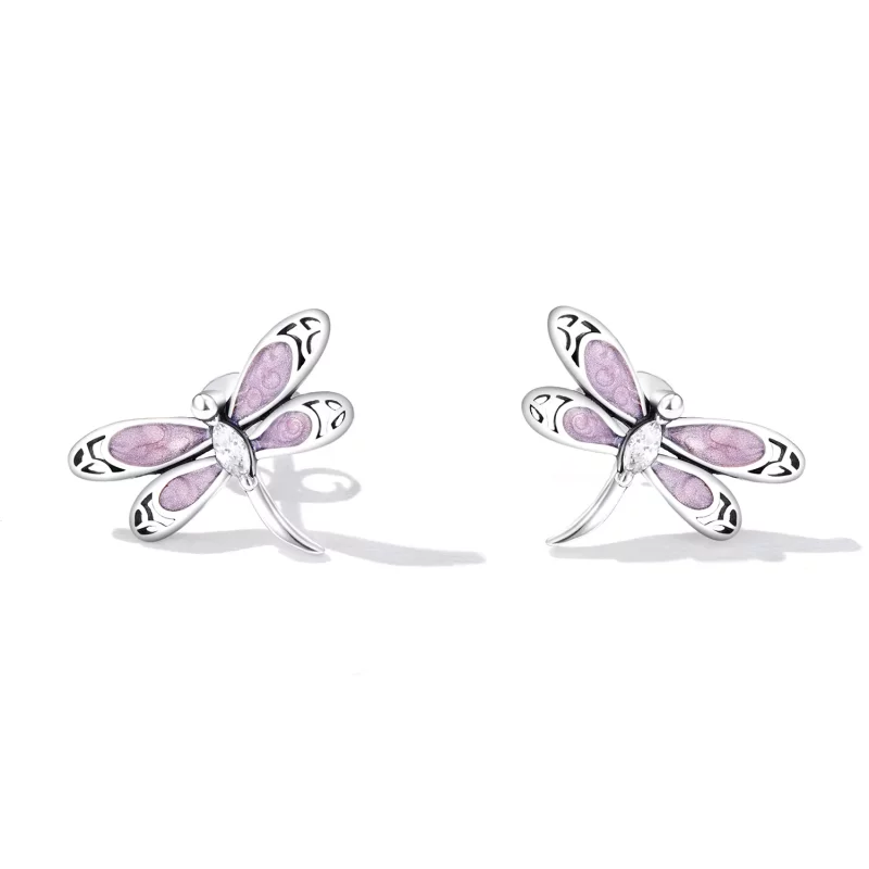 (imagen para) Pendientes de botón estilo Pandora para niña con libélula rosa - SCE1414 - Ver 2