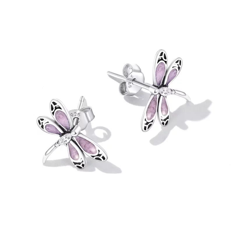 (imagen para) Pendientes de botón estilo Pandora para niña con libélula rosa - SCE1414 - Ver 4