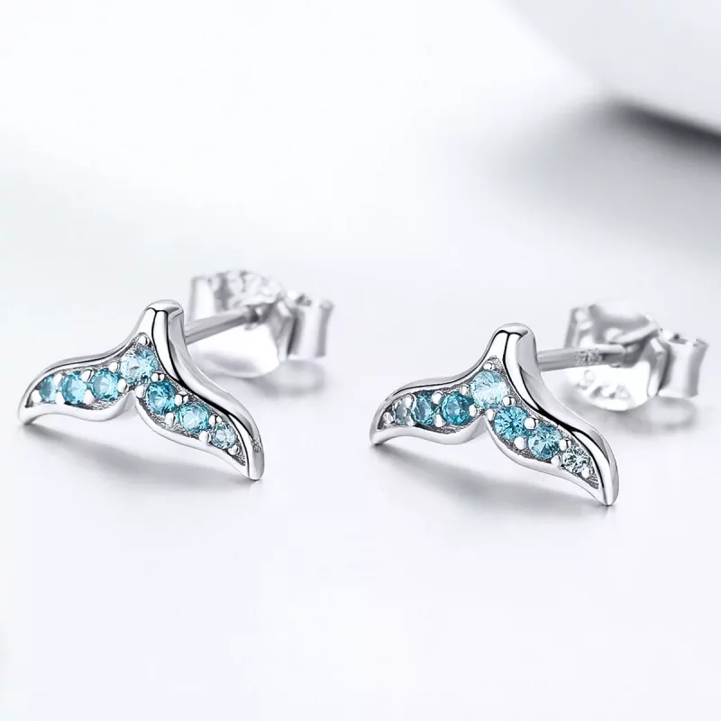 (imagen para) Pendientes de Estilo Pandora con Forma de Cola de Pez Azul - BSE058 - Ver 3