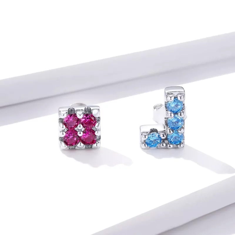 (imagen para) Pendientes de Tachuelas con Estilo Pandora en Forma de Tetris - BSE365 - Ver 2