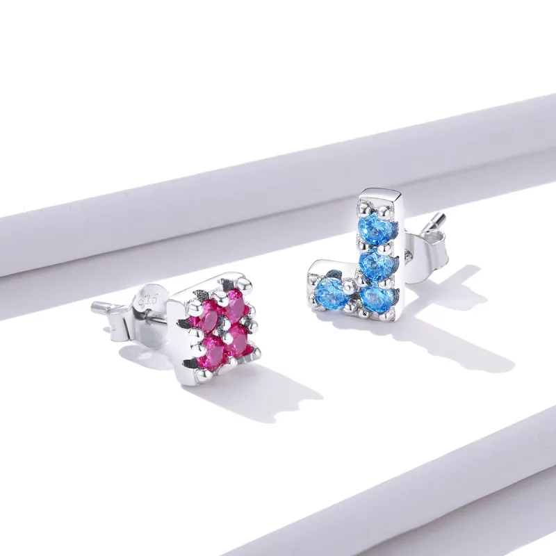 (imagen para) Pendientes de Tachuelas con Estilo Pandora en Forma de Tetris - BSE365 - Ver 4