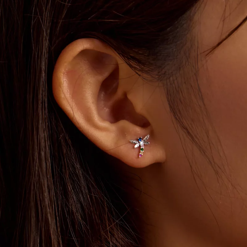 (imagen para) Pendientes de tuerca estilo Pandora con libélula colorida - BSE515 - Ver 3