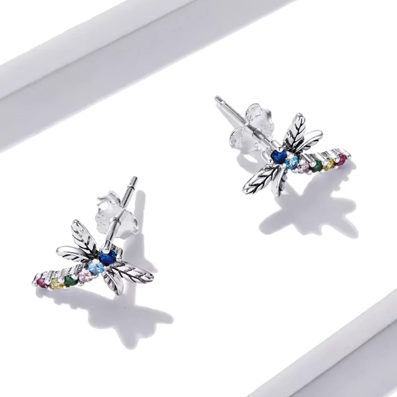 (imagen para) Pendientes de tuerca estilo Pandora con libélula colorida - BSE515 - Ver 5