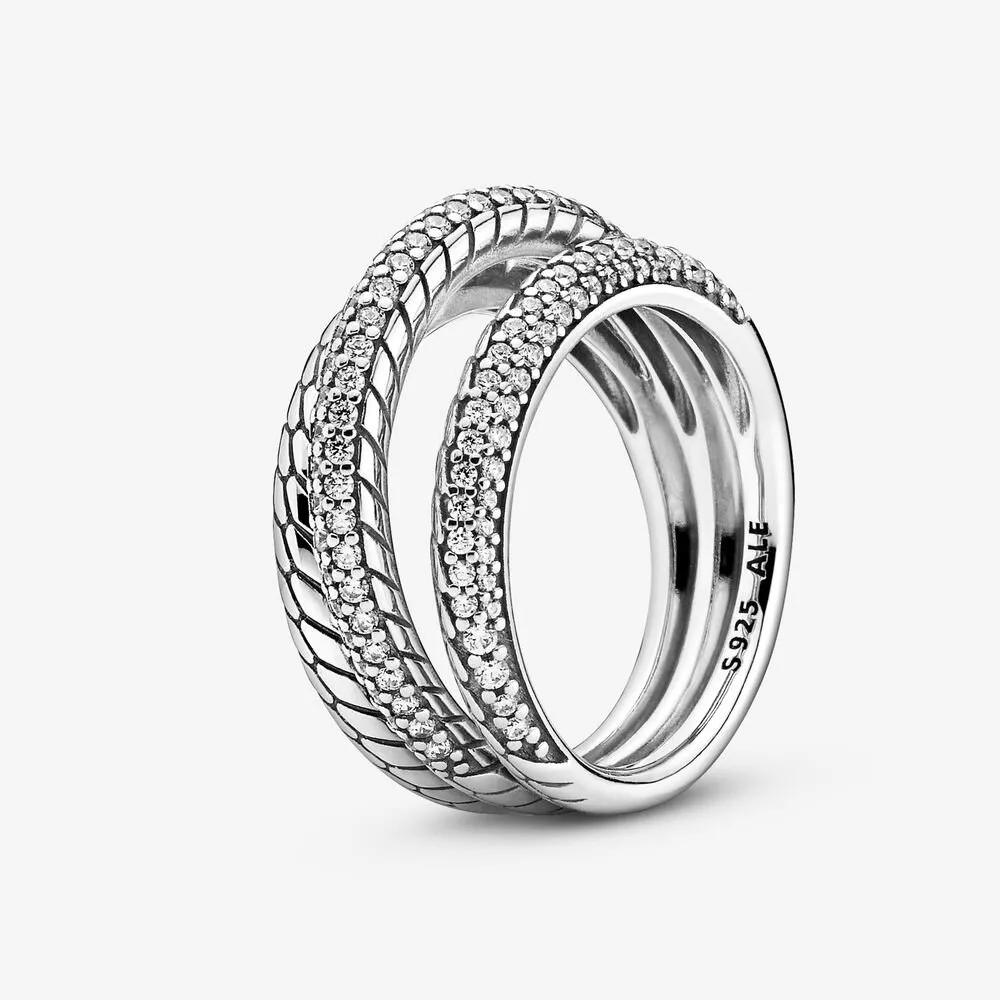 anillo pandora de triple banda con diseño de cadena de serpiente pavé 199083c01