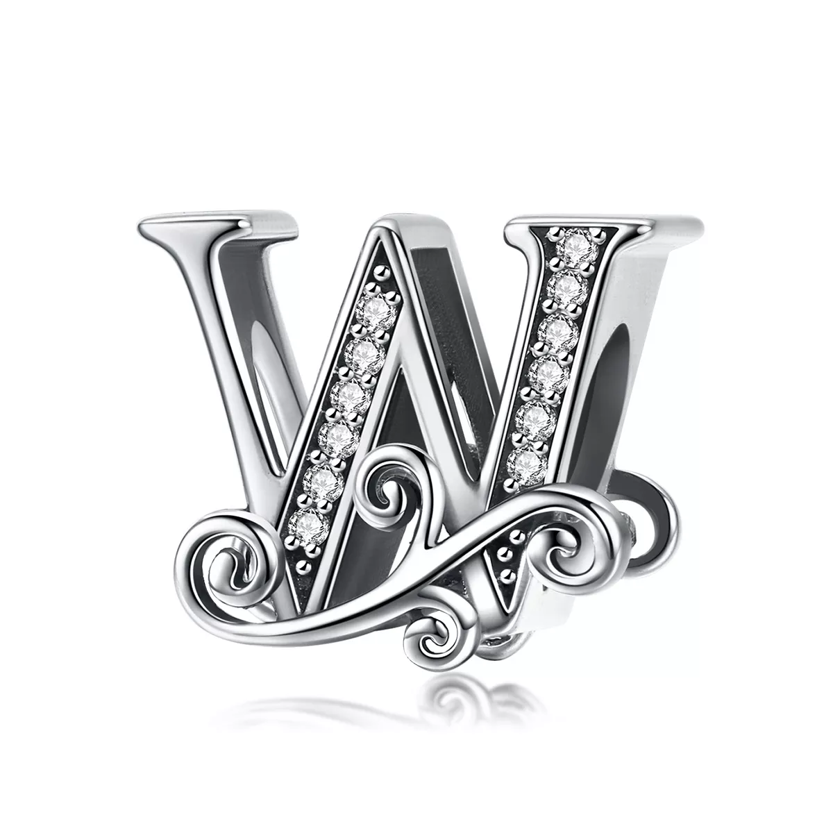 abalorio de letra w con flores de pavé brillante estilo pandora bsc030 w