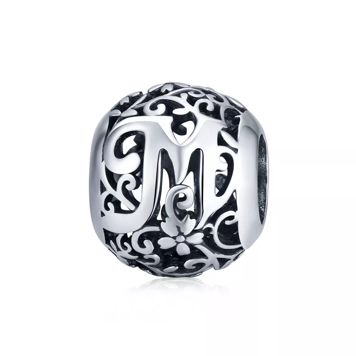 charm de letra m con flores caladas estilo pandora scc1444 m