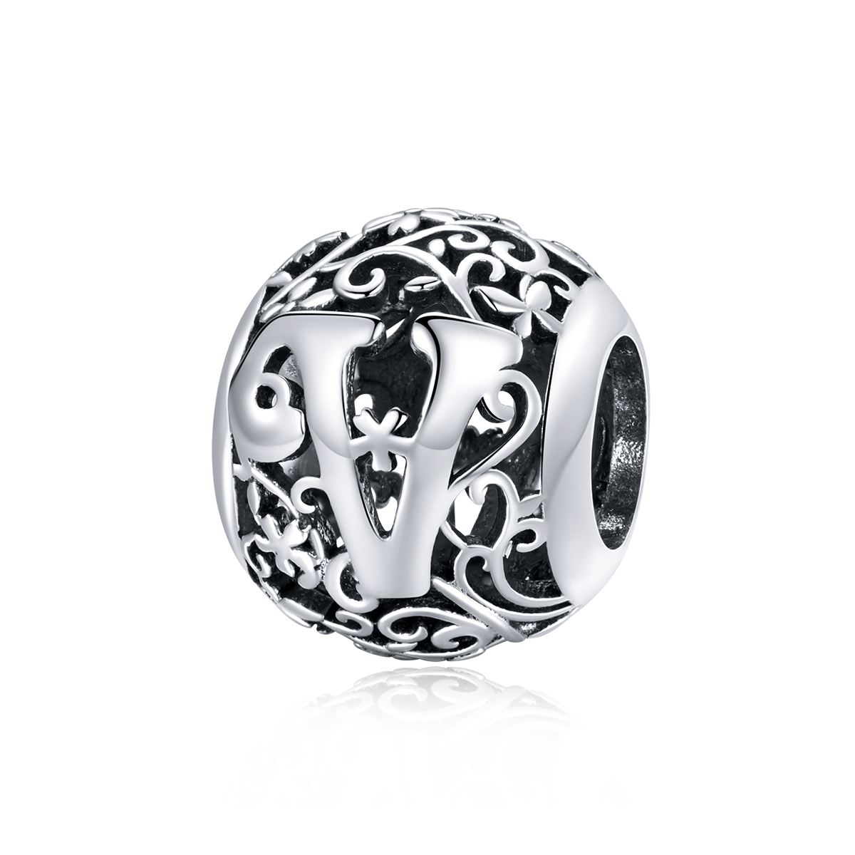 charm de letra v con diseño de flores calado al estilo pandora scc1444 v