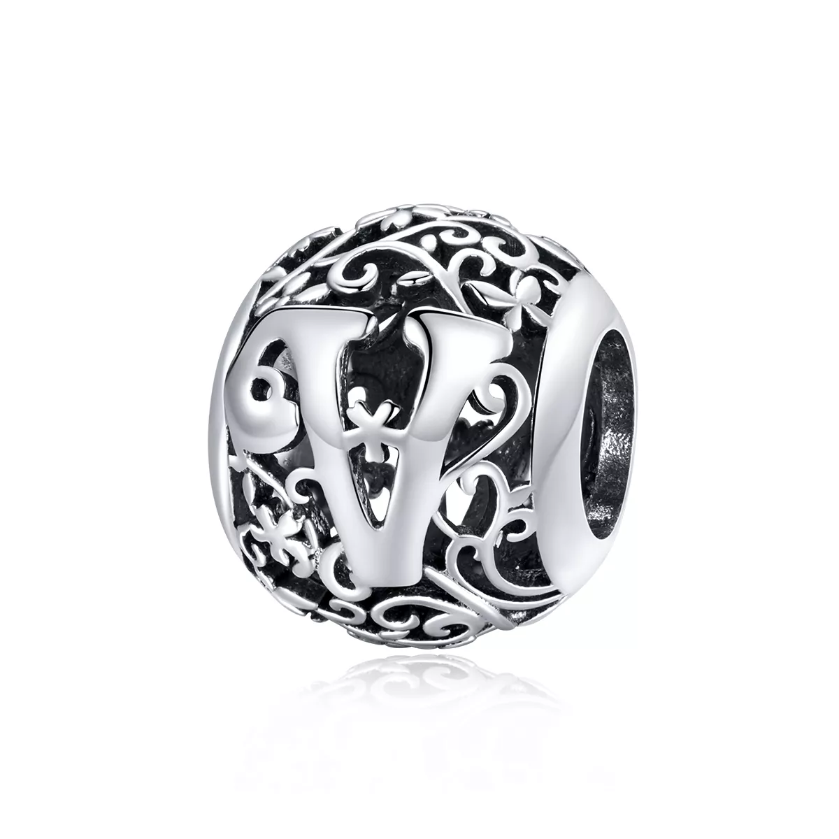 charm de letra v con diseño de flores calado al estilo pandora scc1444 v