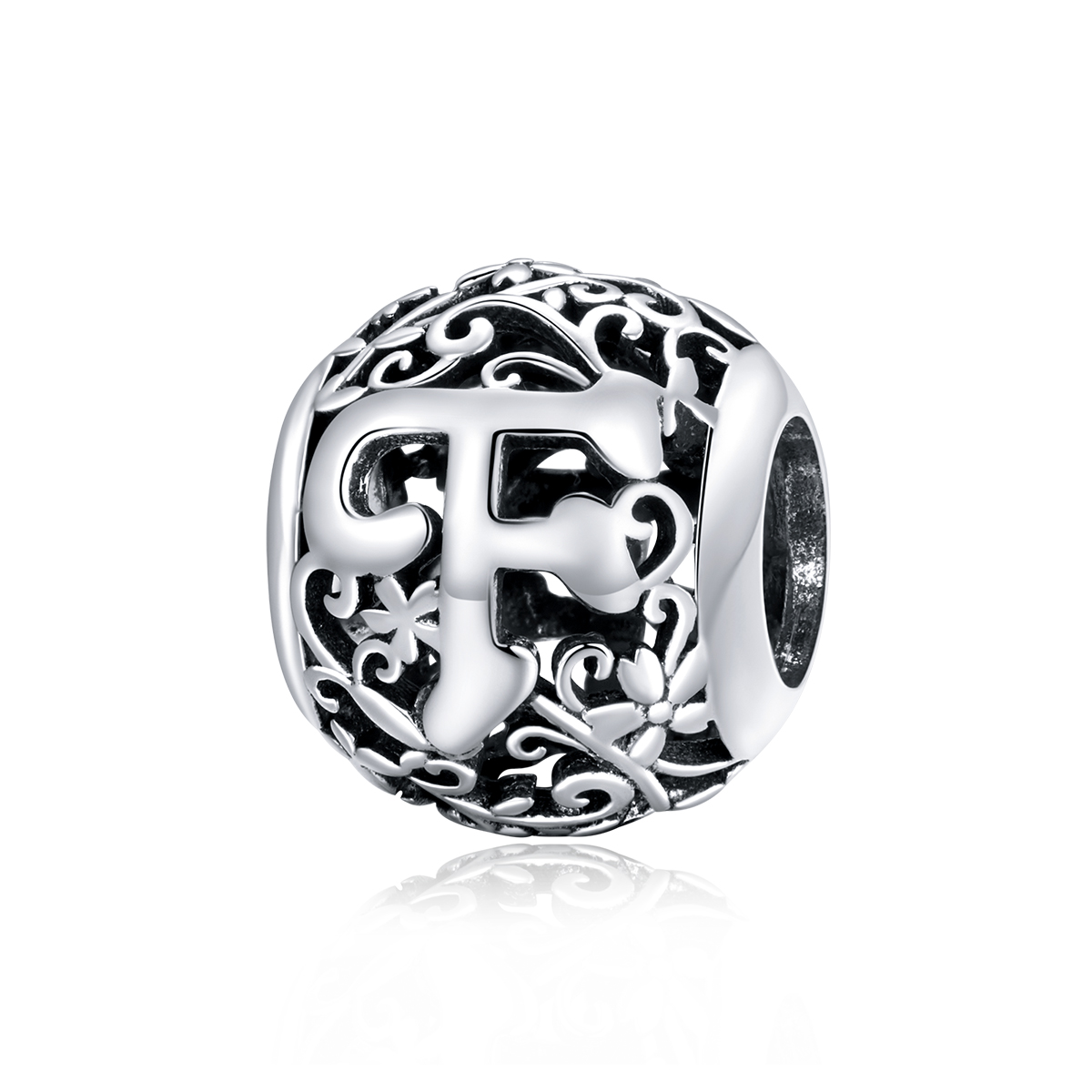 charm pandora con letra f y diseño de flor calada scc1444 f