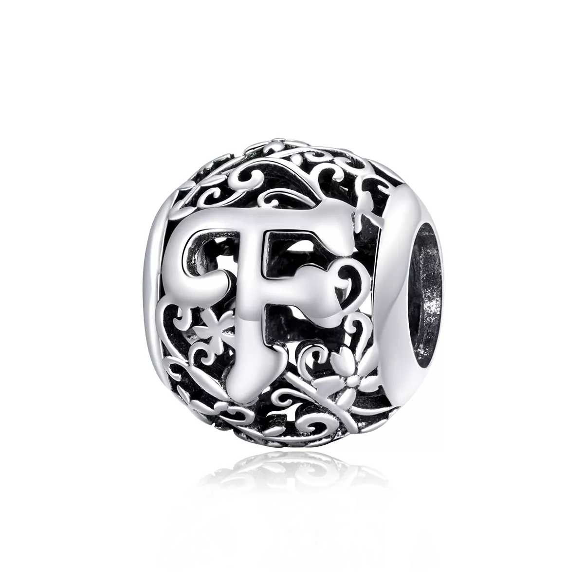 charm pandora con letra f y diseño de flor calada scc1444 f