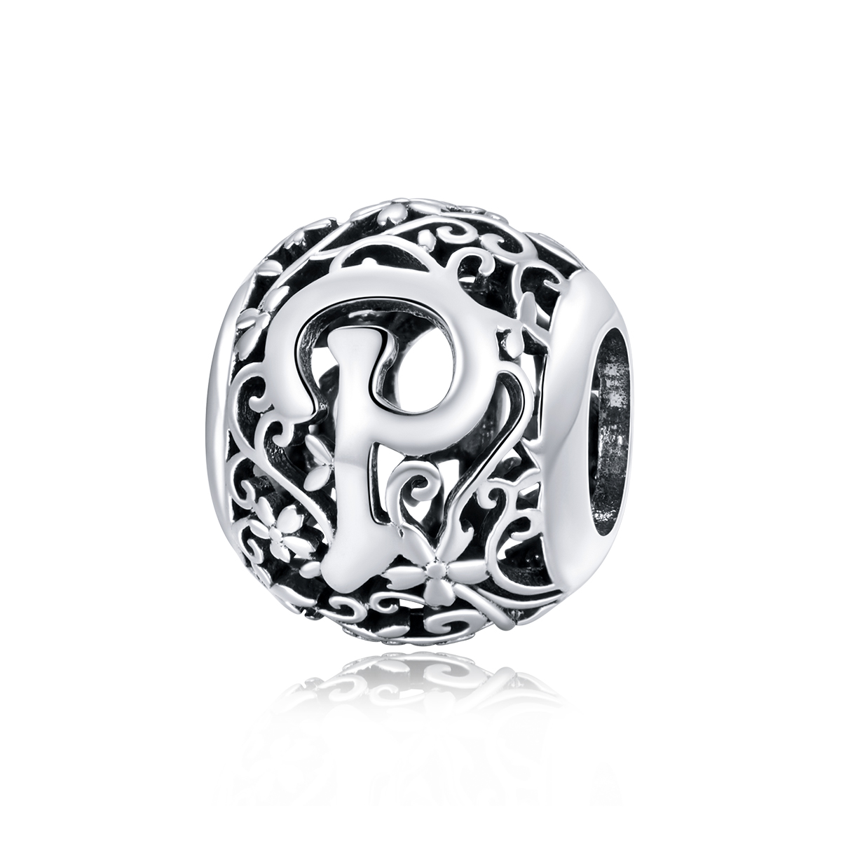 charm pandora estilo flor calada con letra p scc1444 p