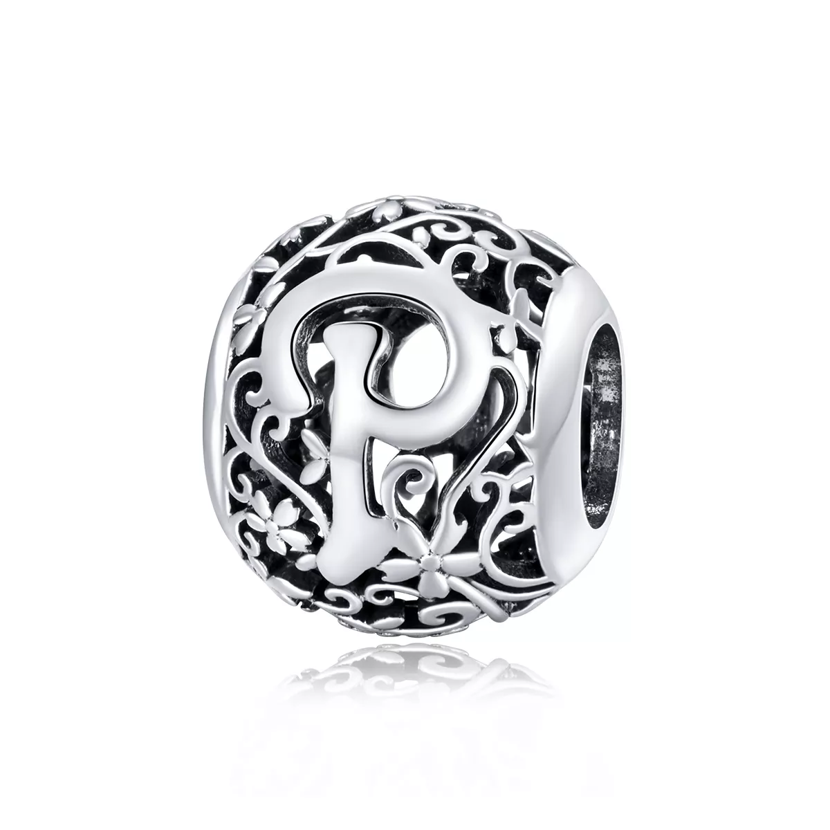 charm pandora estilo flor calada con letra p scc1444 p
