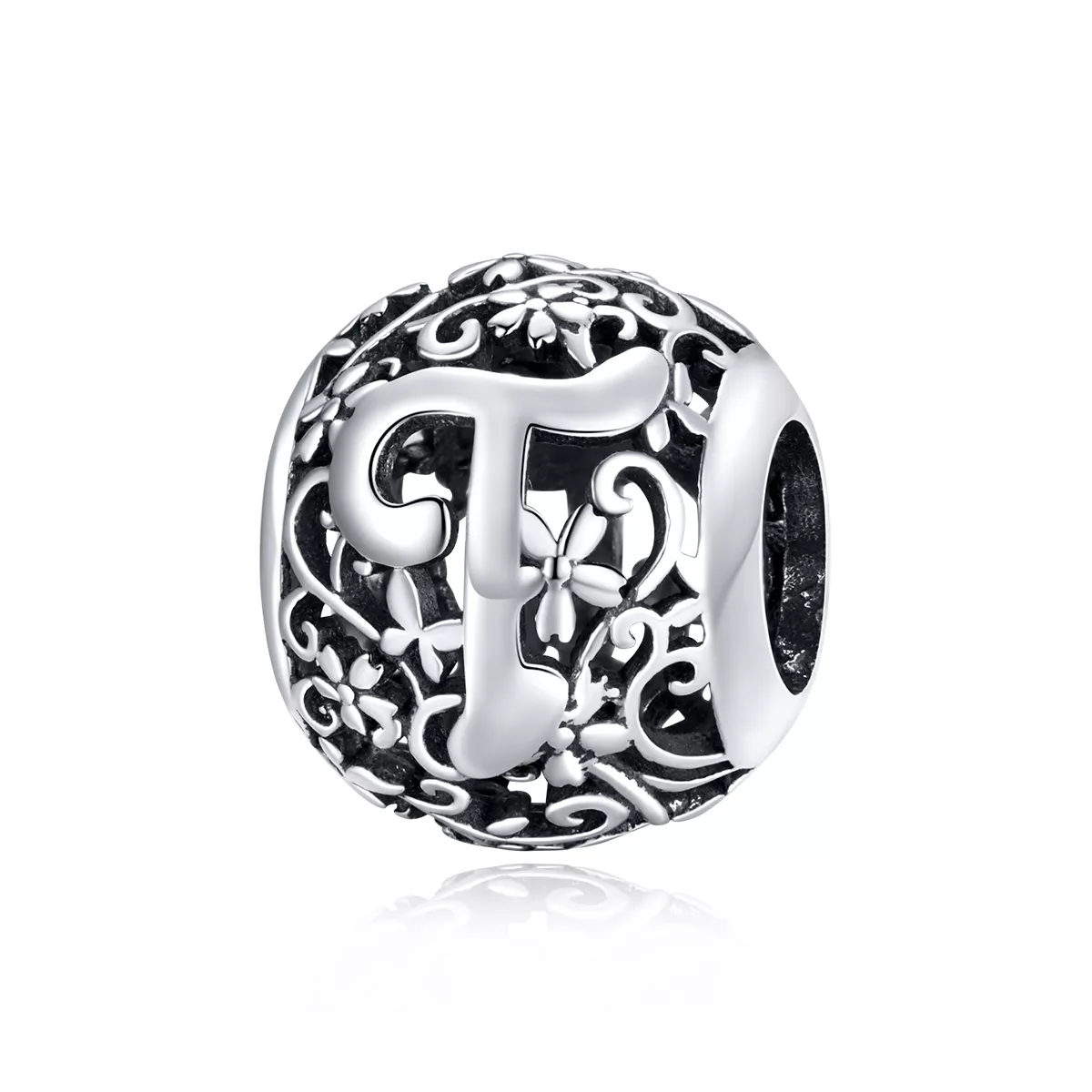 charm pandora estilo flor calada con letra t scc1444 t