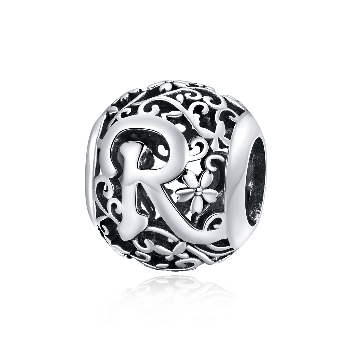 pandora estilo abalorio de letra r con flor calada scc1444 r