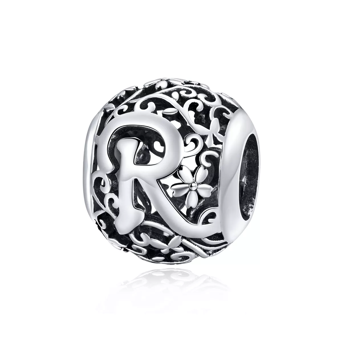 pandora estilo abalorio de letra r con flor calada scc1444 r