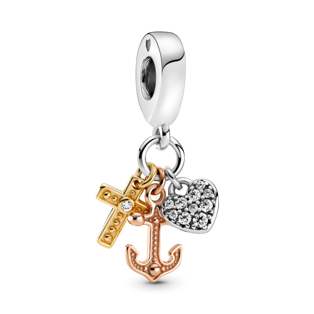 pandora triple tone cruz corazón y ancla colgante encanto 799354c01