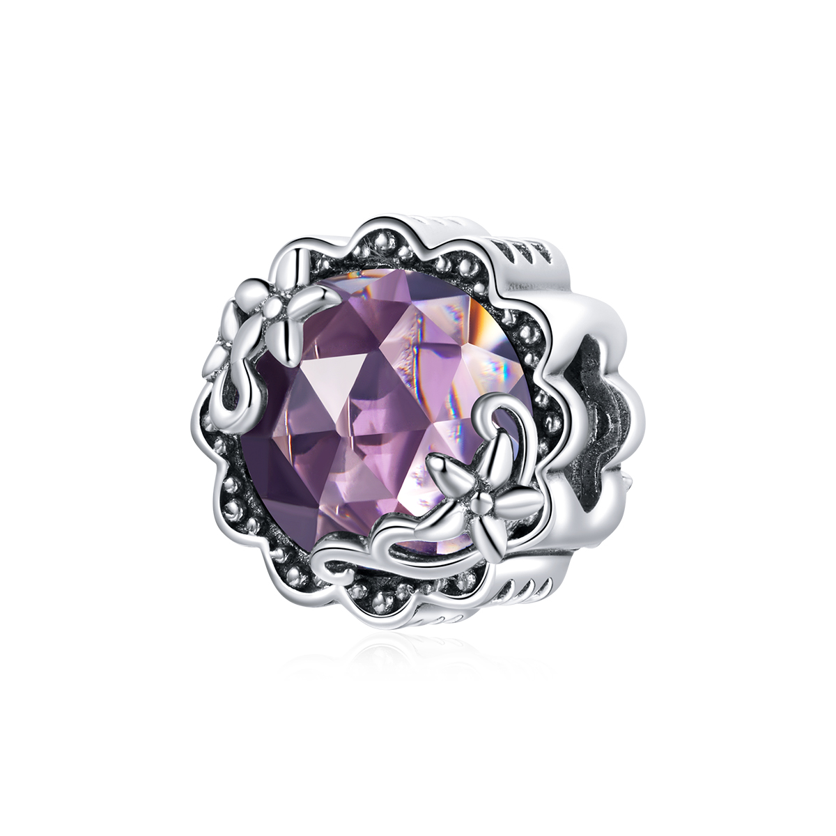 charm de estilo pandora plateado con patrón de amatista scc1796