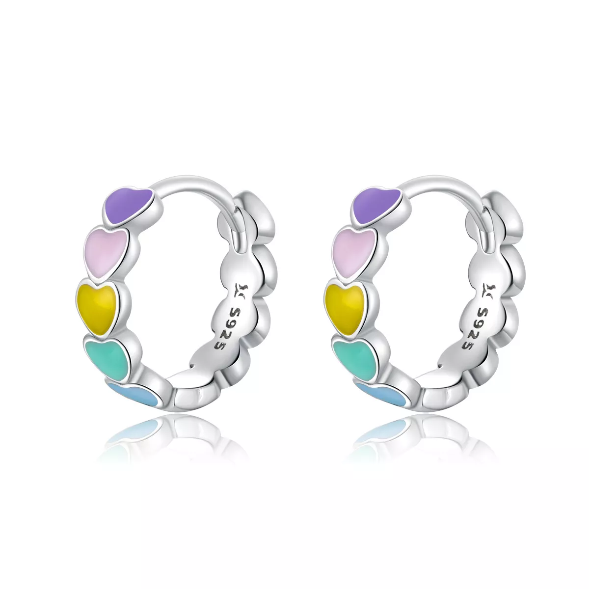 aretes de argollas estilo pandora con corazones arcoíris de plata sce909