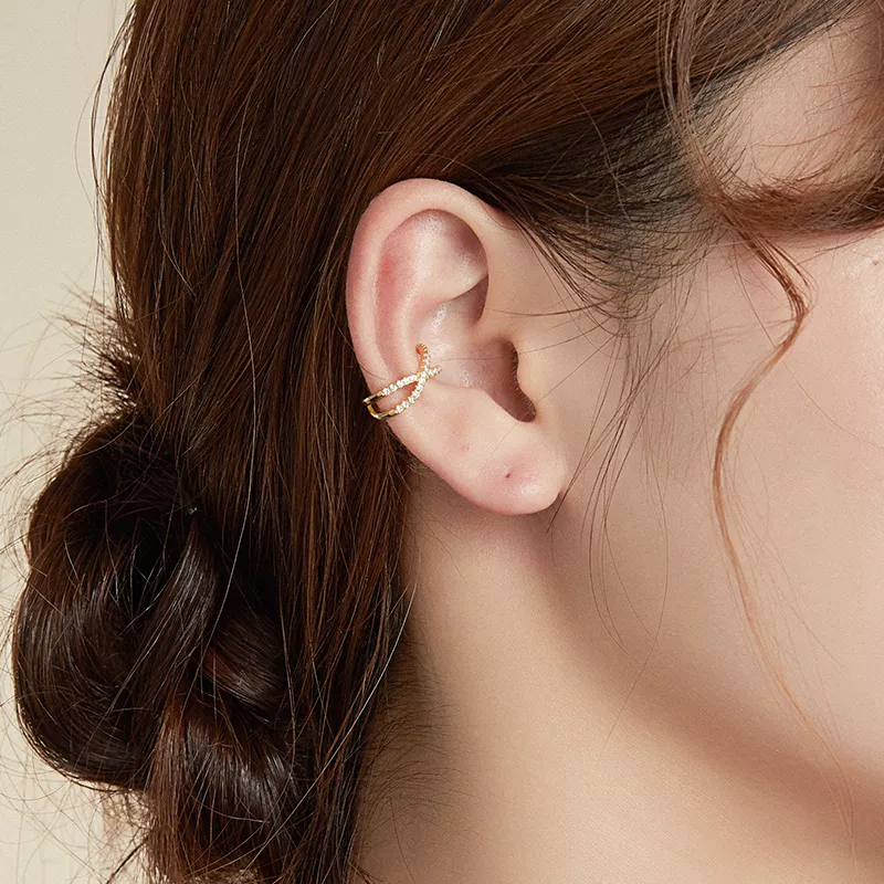 (imagen para) Estilo Pandora, Pendiente de Clip en Cruz Bañado en Oro de 18ct - SCE997-B - Ver 2
