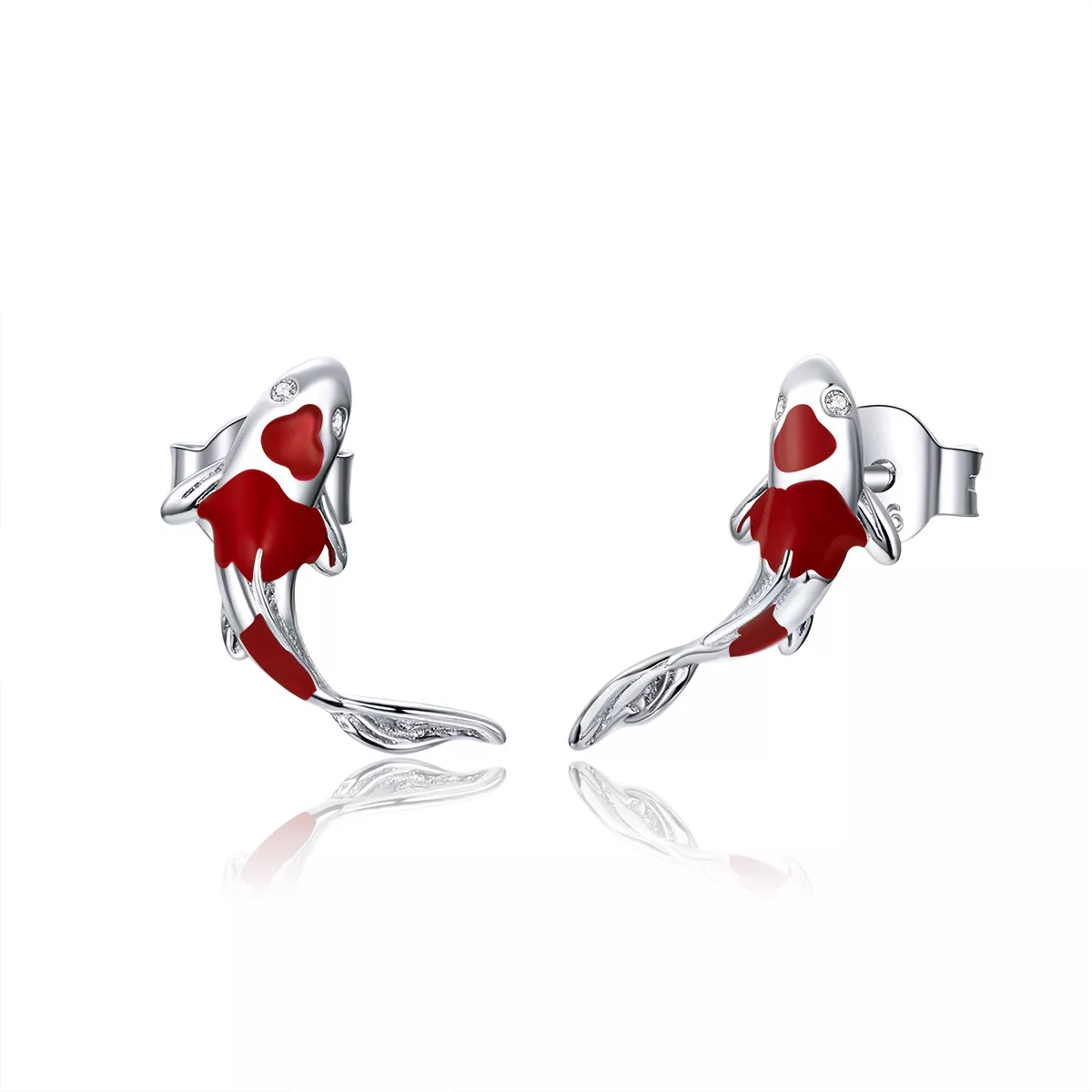 pendientes de botón estilo pandora de plata con diseño de pez koi de la suerte sce812