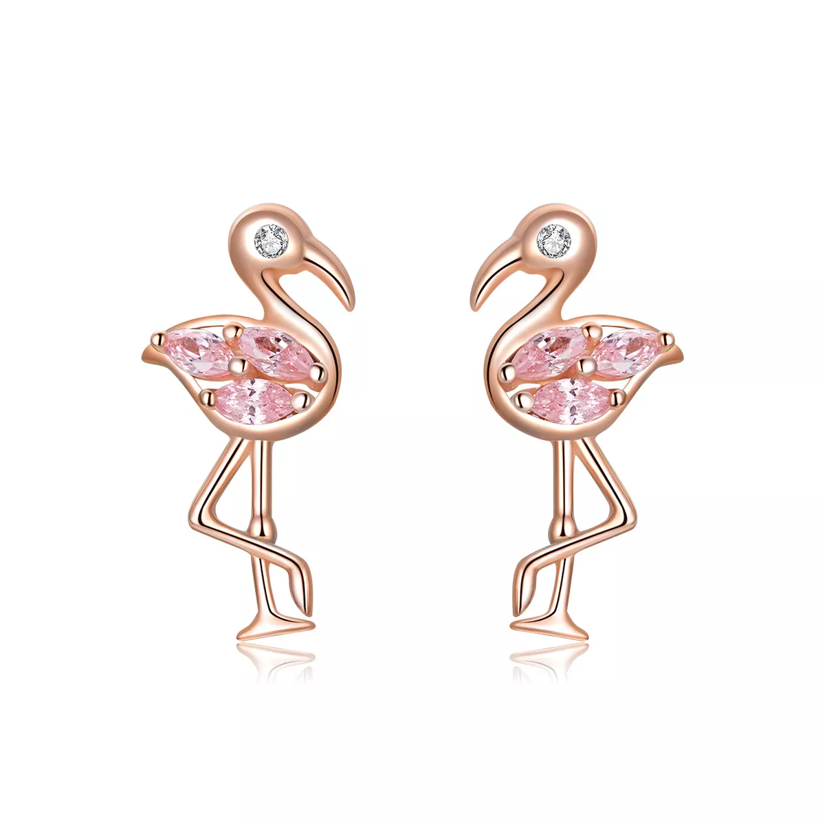 pendientes de botón estilo pandora en oro rosa con flamencos bse120