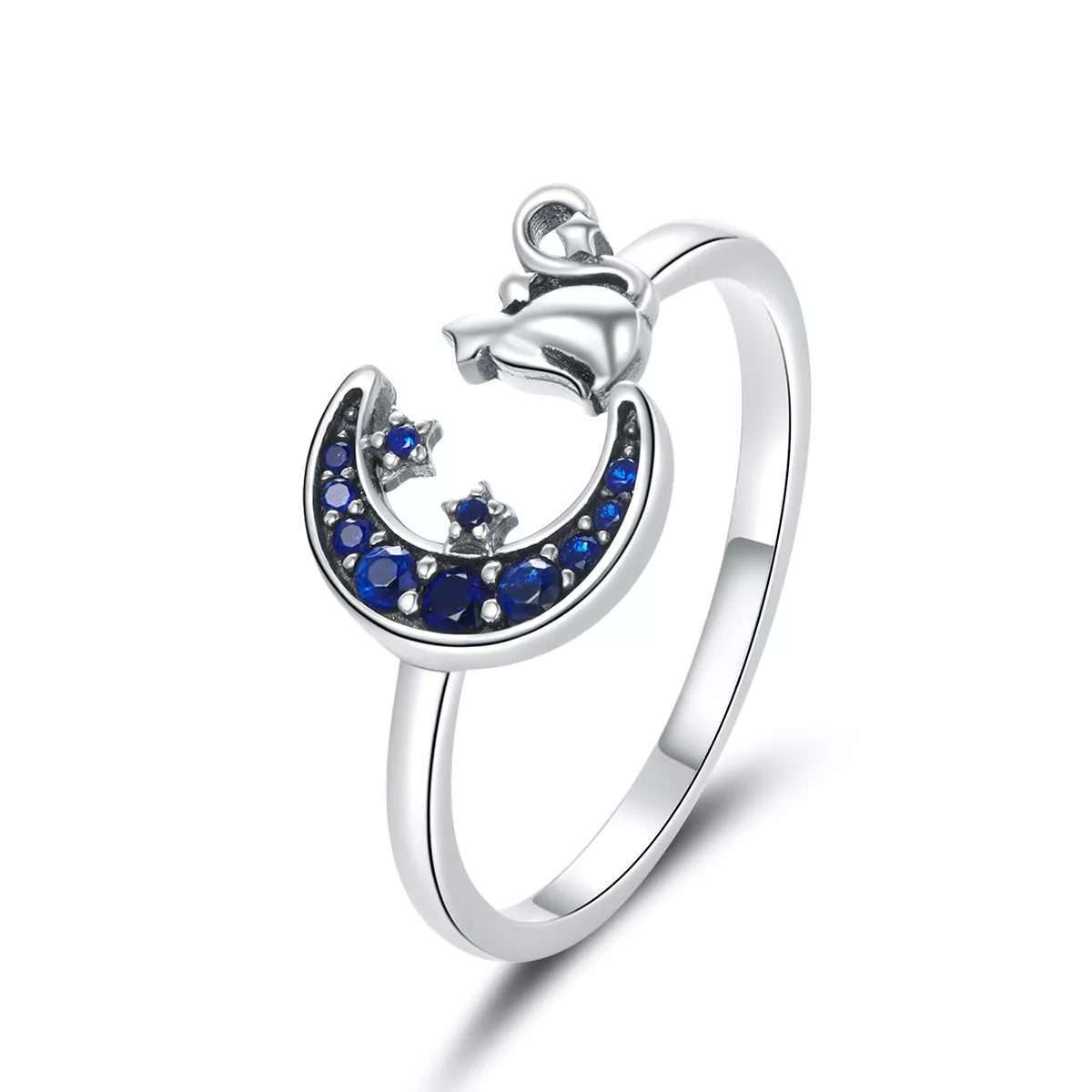 anillo abierto de estilo pandora en plata con luna y gato scr677