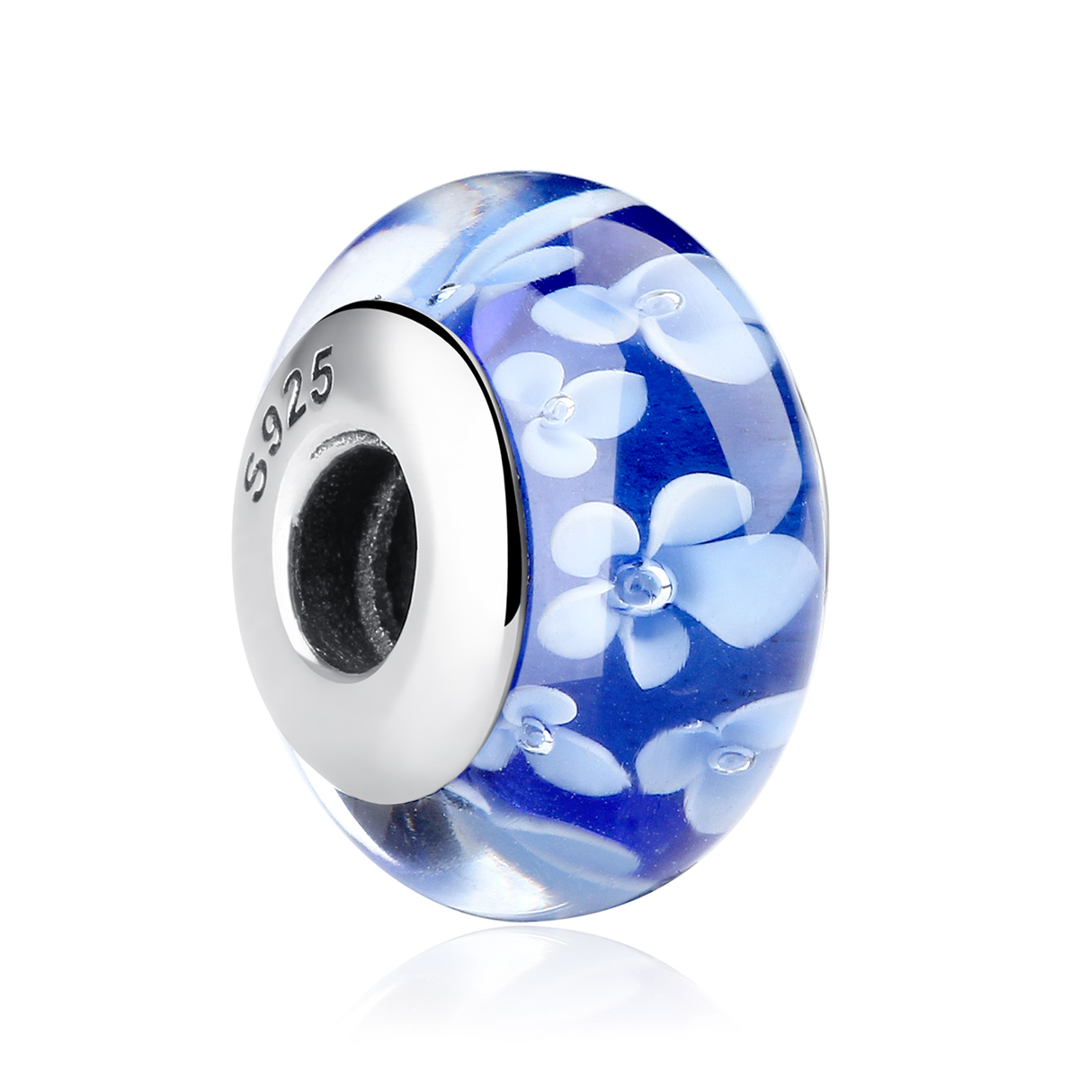 pandora estilo encanto de vidrio murano azul con flores blancas scz006