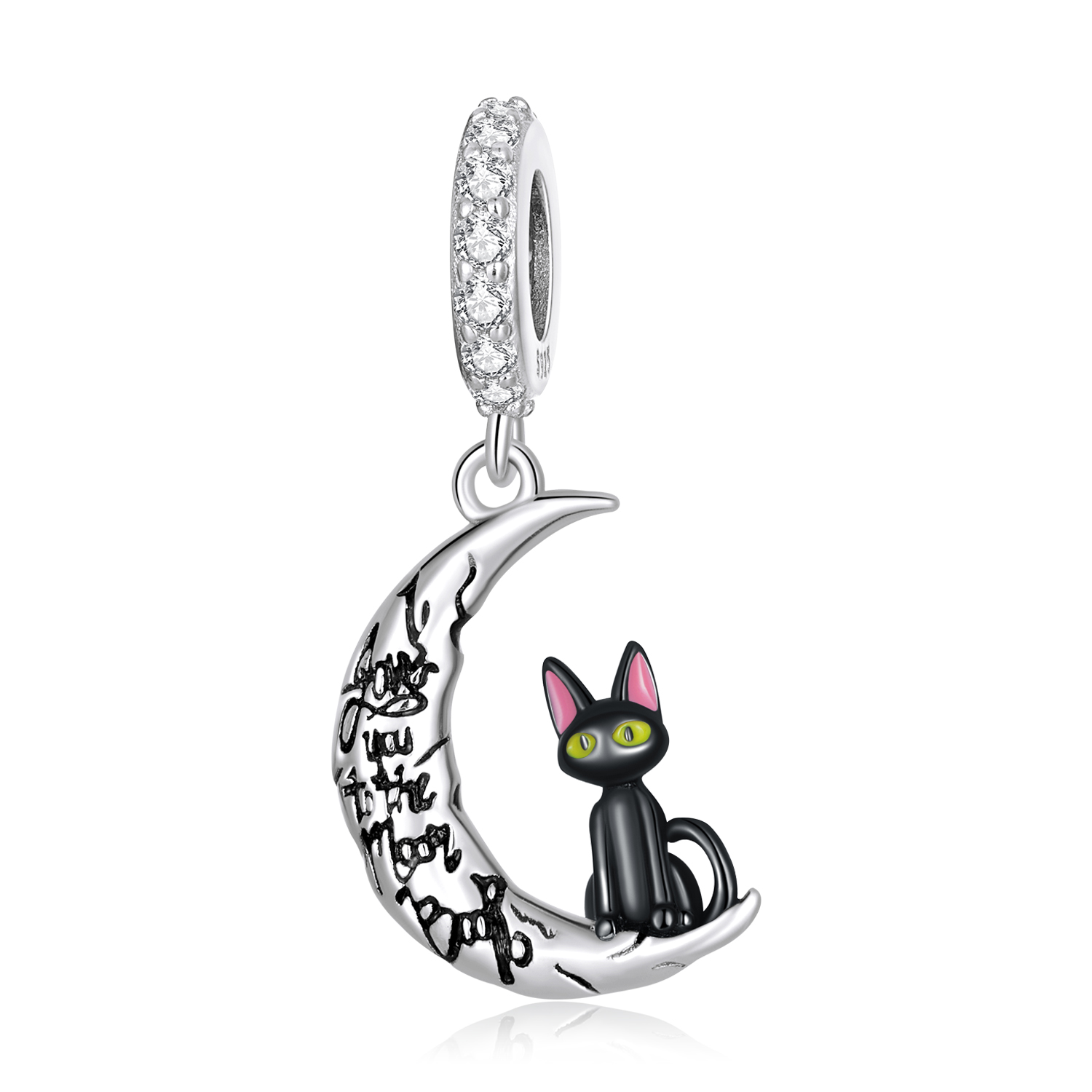colgante de gato negro de estilo pandora con luna scc2218