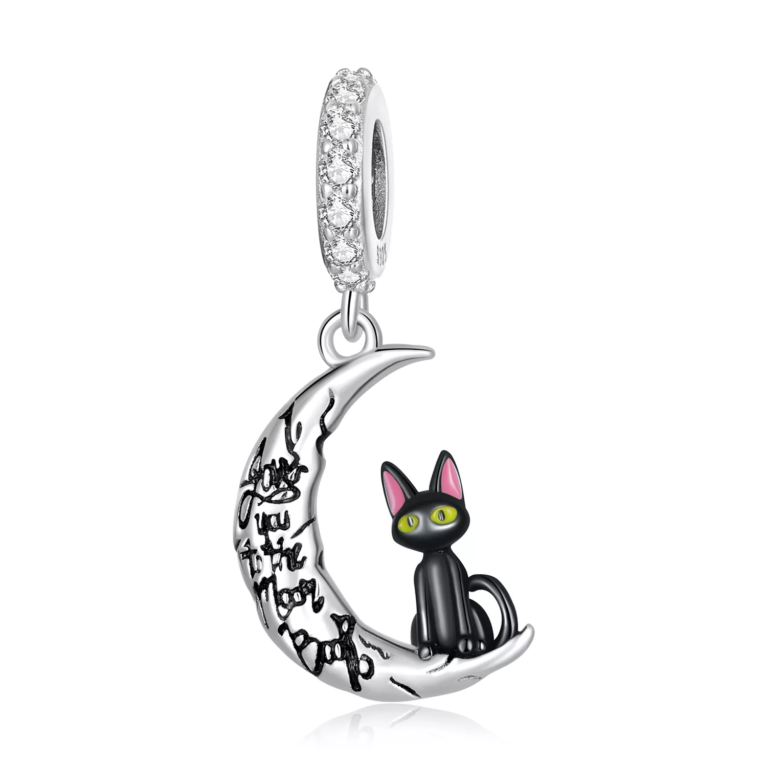 colgante de gato negro de estilo pandora con luna scc2218