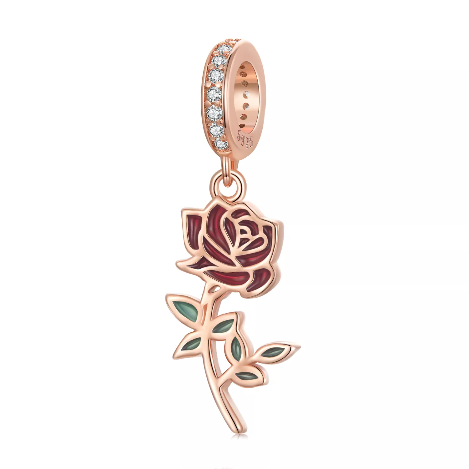 pendiente de estilo pandora con rosa roja colgante bsc642