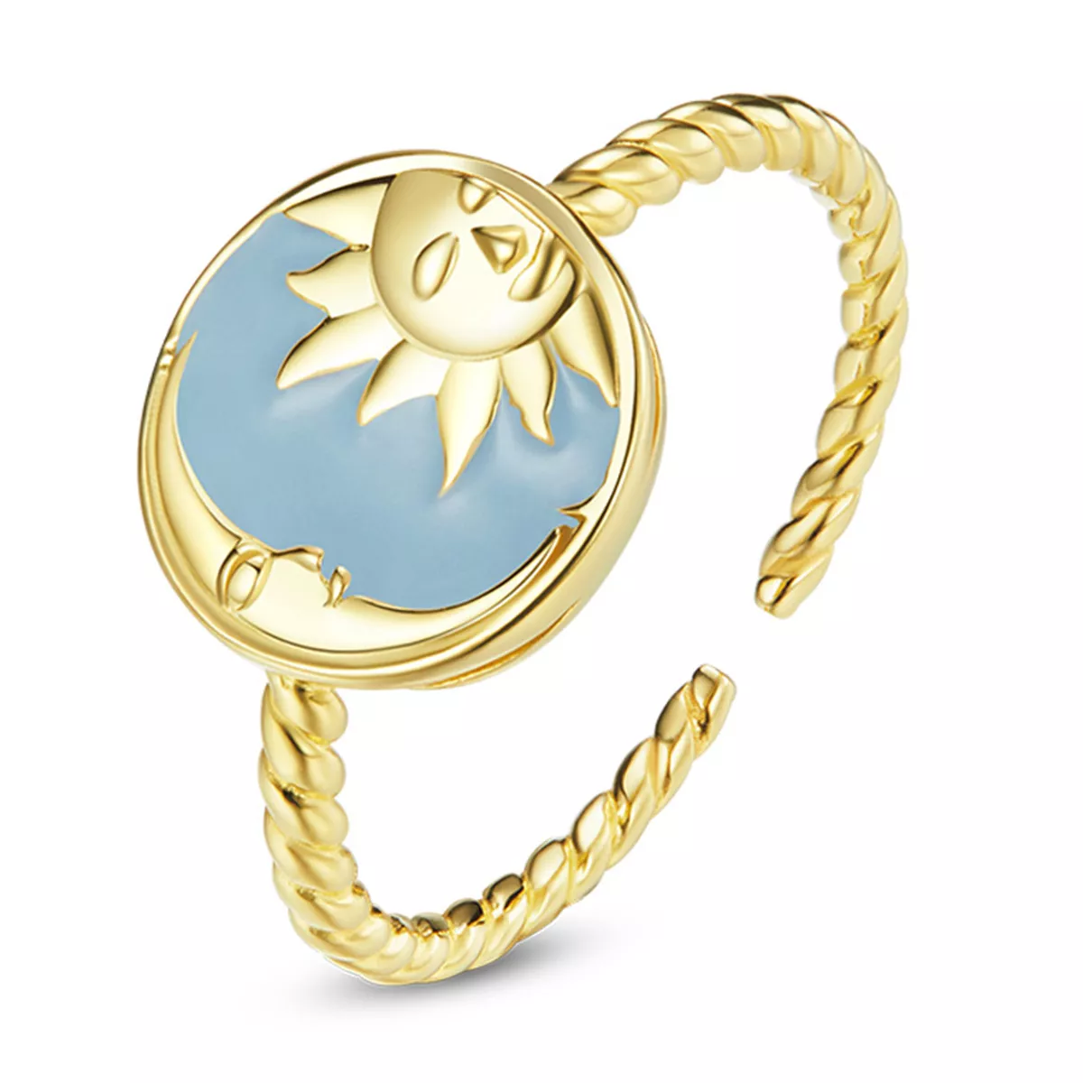 anillo abierto estilo pandora con el sol y la luna brillando juntos scr732
