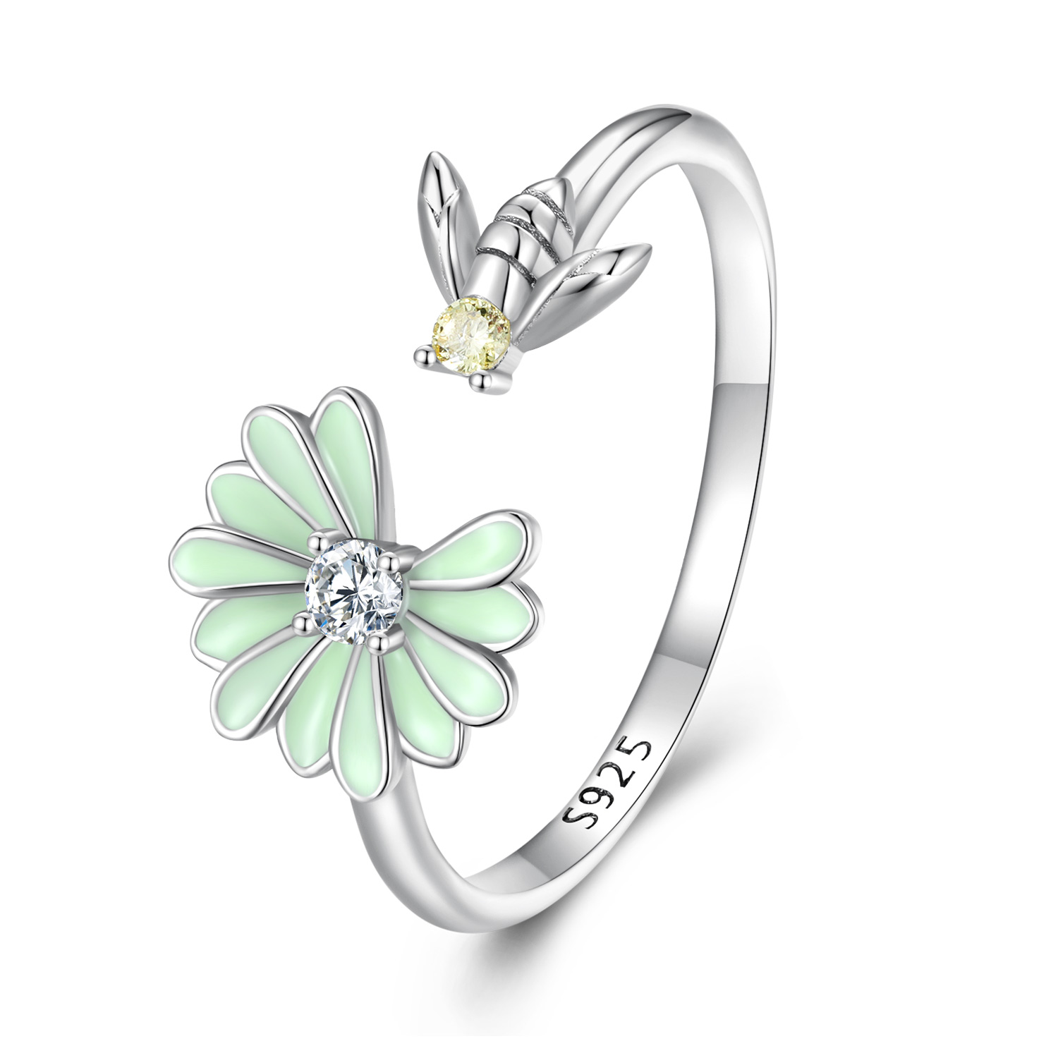 anillo abierto con diseño de margarita y abeja estilo pandora scr929