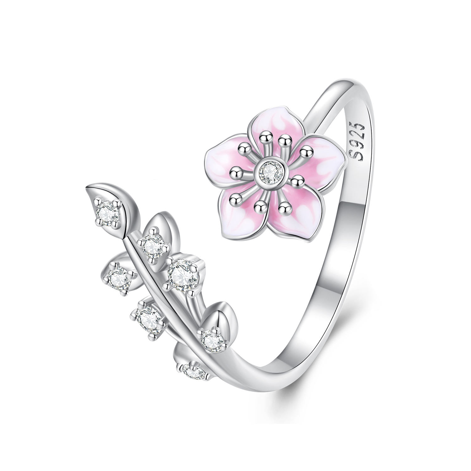 anillo abierto estilo pandora con flores de cerezo bsr438