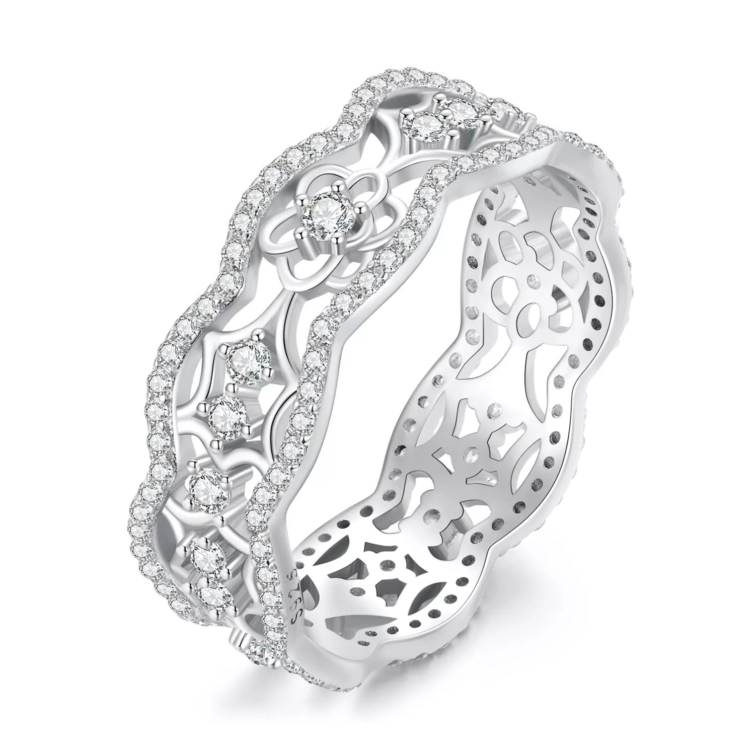 anillo de corte de encaje de flor de camelia con circonita estilo pandora bsr428