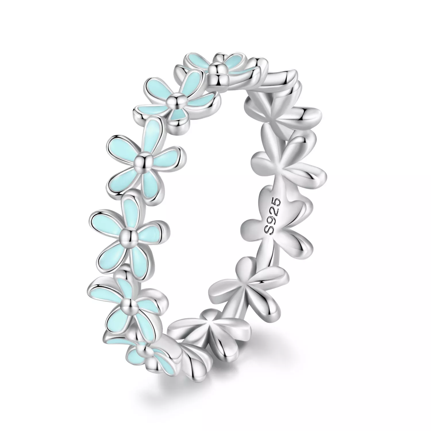 anillo estilo pandora con pequeña flor azul scr931