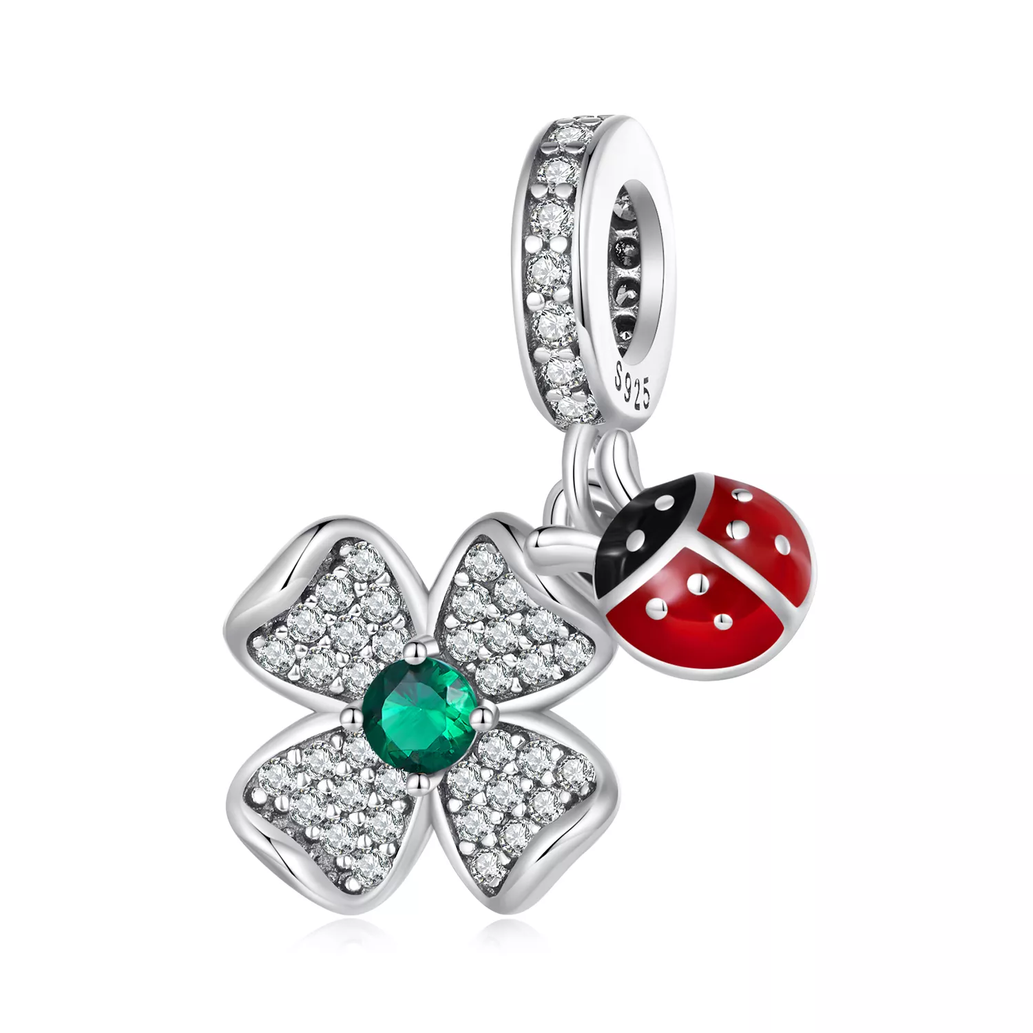 pendiente encanto estilo pandora con trébol de la suerte y mariquita scc2523
