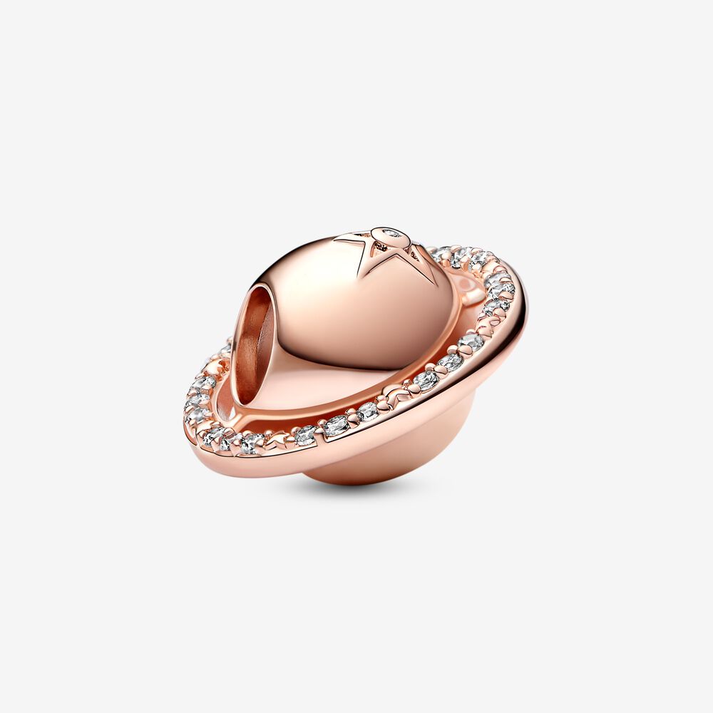 pandora planeta saturno charm chapado en oro rosa de 14k con circonita cúbica transparente 782438c01
