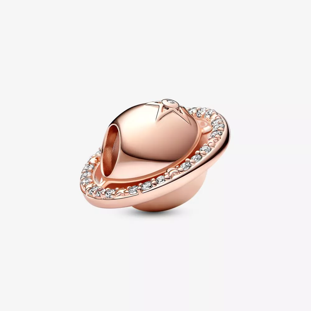 pandora planeta saturno charm chapado en oro rosa de 14k con circonita cúbica transparente 782438c01
