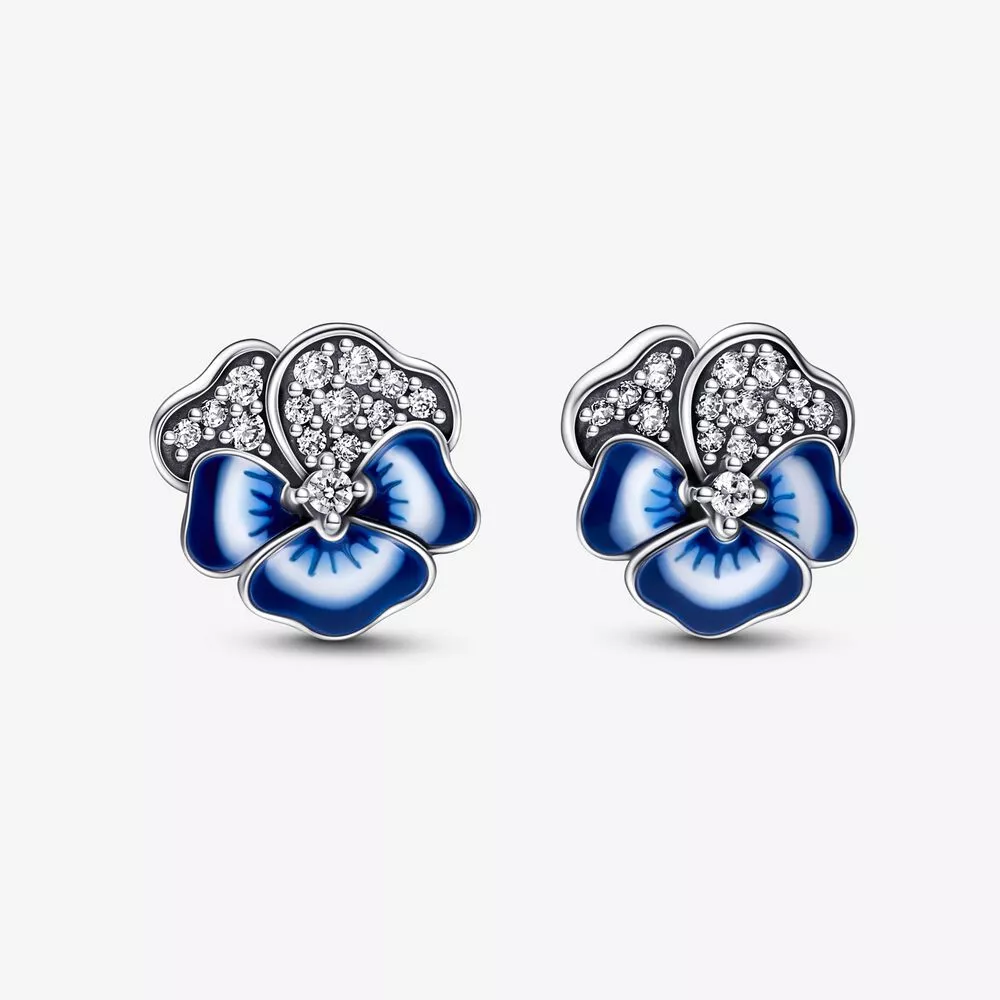 pendientes de botón de flores de pensamiento azules de pandora 290781c01