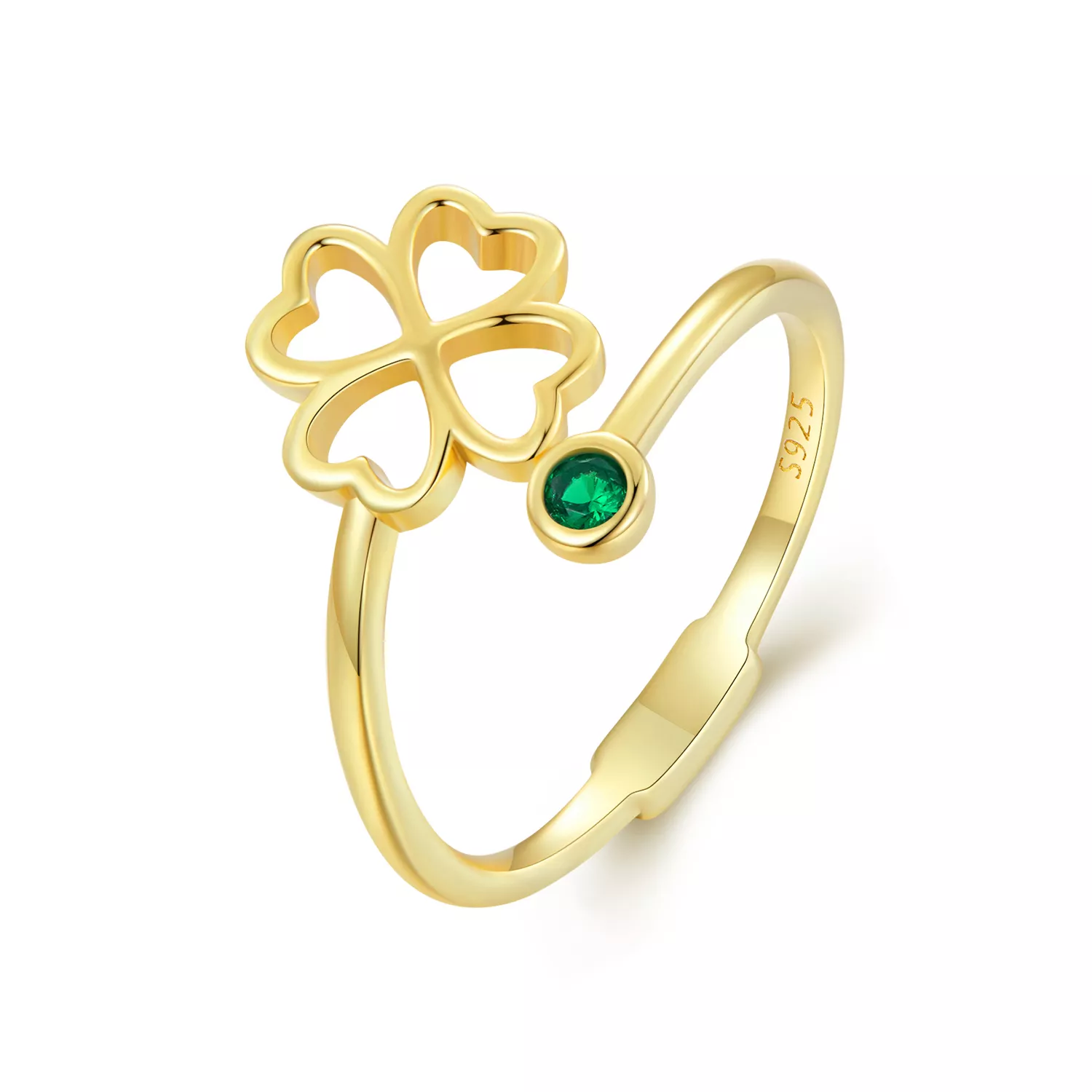 anillo abierto estilo pandora con trébol de cuatro hojas dorado scr843 b