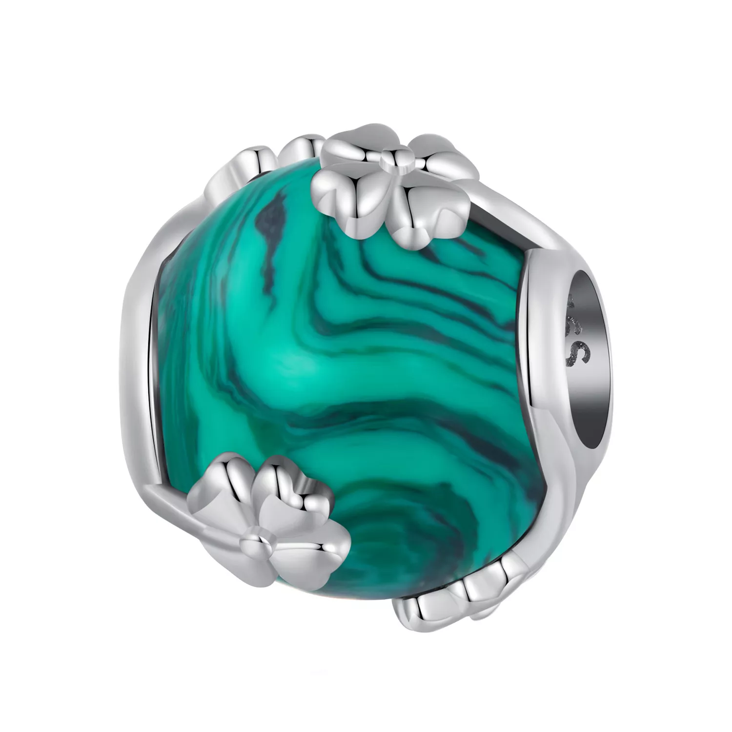 charm de malachite con diseño de trébol de cuatro hojas estilo pandora scc2489