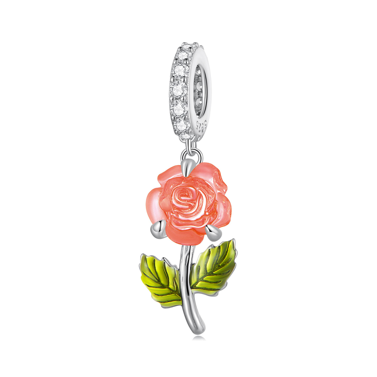 pendiente con dije de cristal estilo pandora con forma de rosa bsc824 og