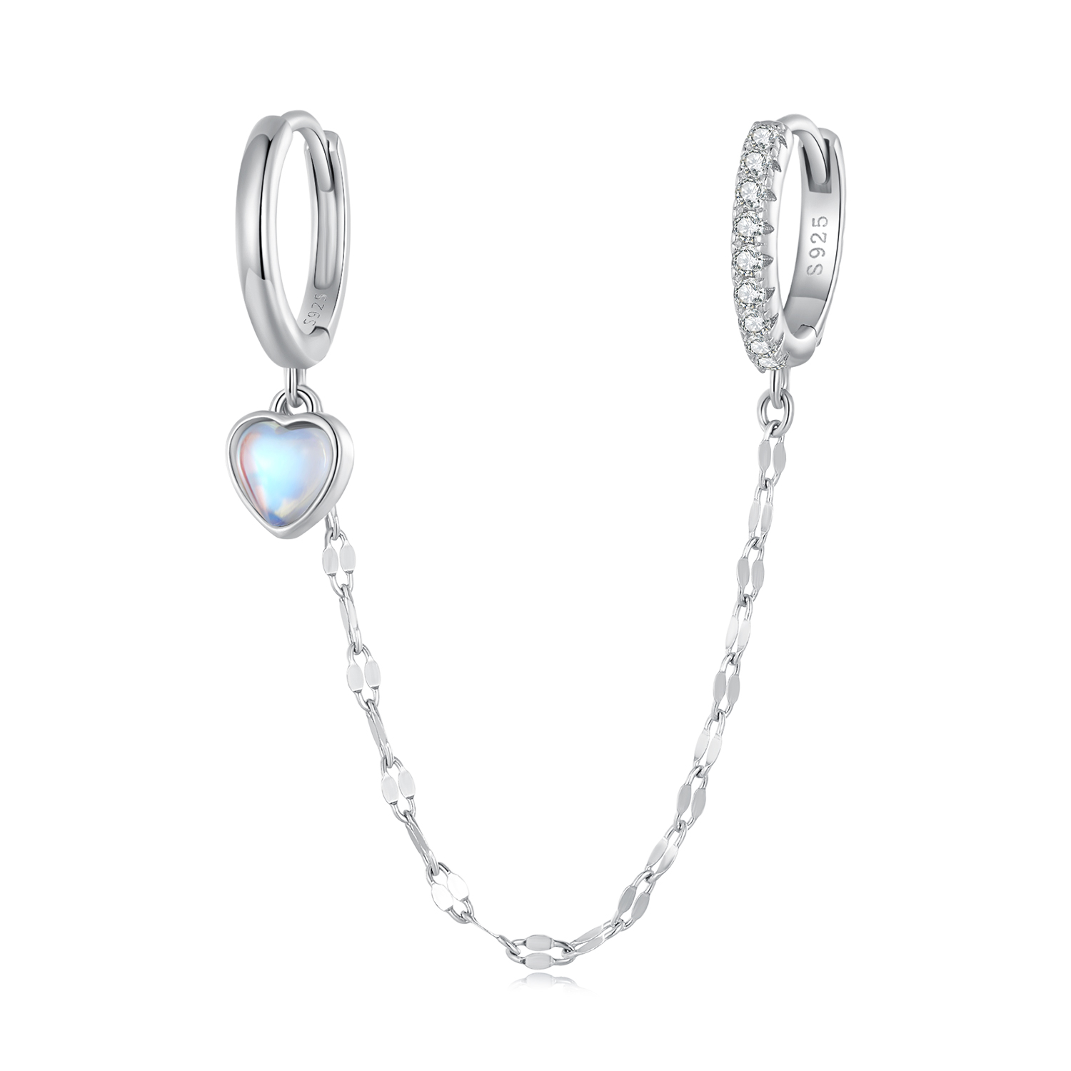 pendientes de doble aro con cadena y piedra lunar en forma de corazón estilo pandora bse809