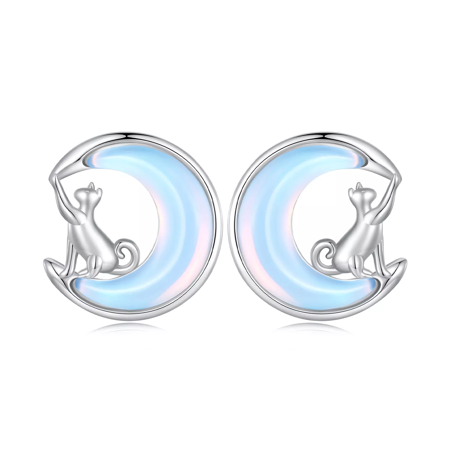 pendientes de tuerca estilo pandora con luna y gato bse913