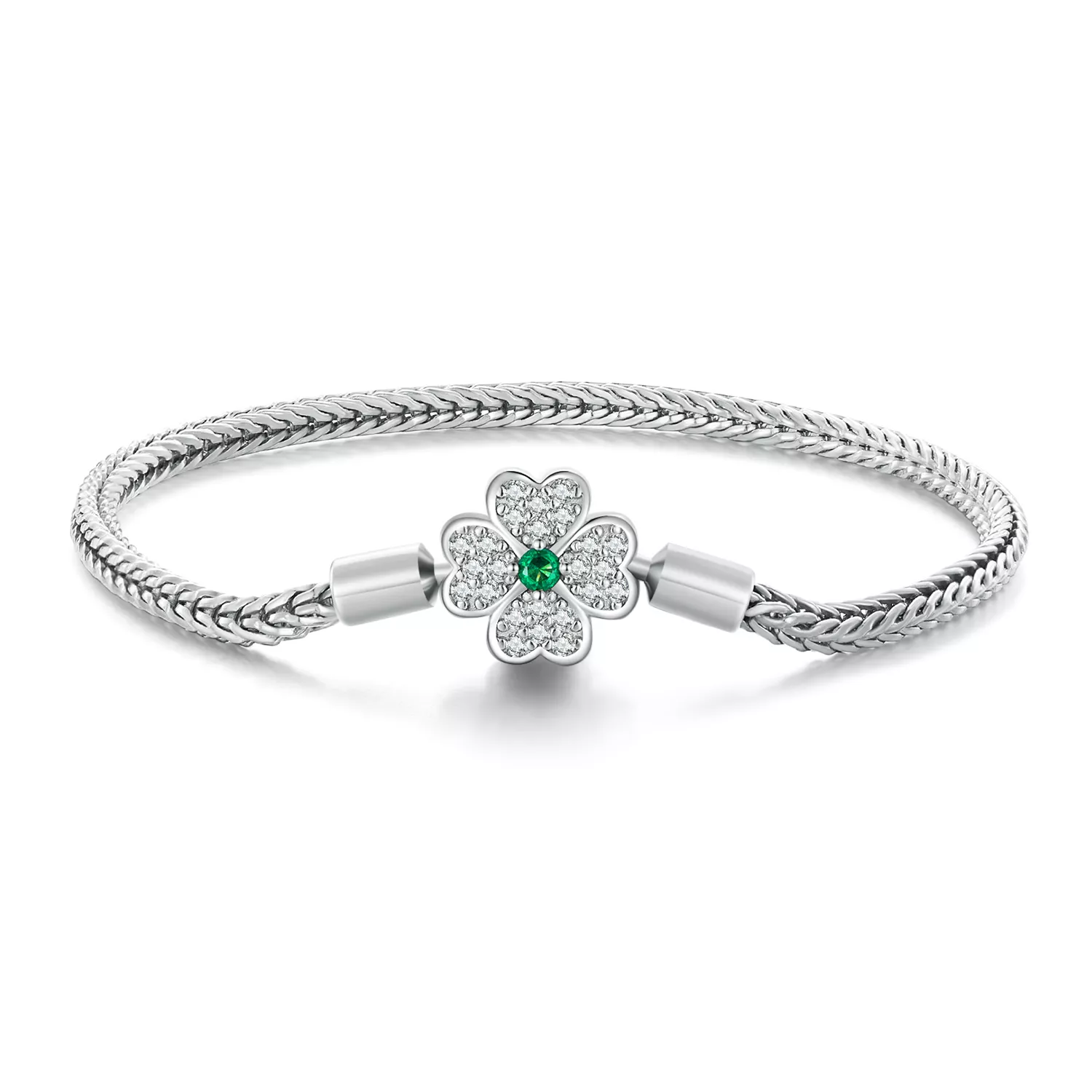 pulsera de cadena con trébol de cuatro hojas de zirconia verde estilo pandora bsb119