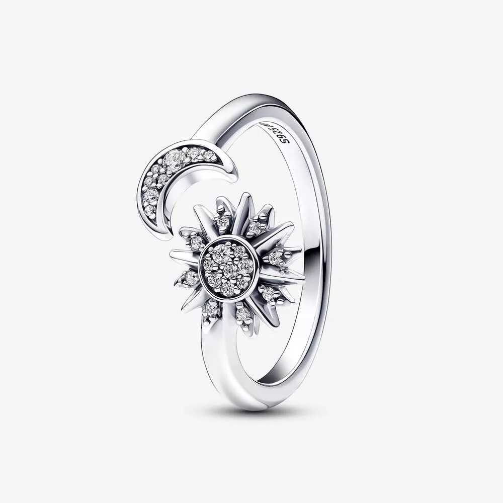 anillo abierto de plata de ley con sol y luna de pandora 192845c01